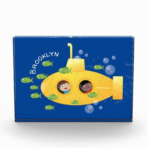 Cute yellow submarine fish cartoon illustration photo block