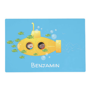 Cute yellow submarine fish cartoon illustration placemat