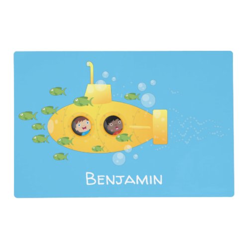 Cute yellow submarine fish cartoon illustration placemat