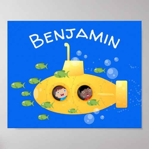 Cute yellow submarine fish cartoon illustration poster