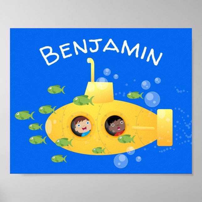 Cute yellow submarine fish cartoon illustration poster (Front)