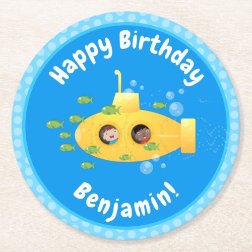 Cute yellow submarine fish cartoon illustration round paper coaster