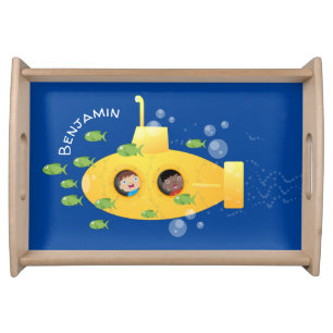 Cute yellow submarine fish cartoon illustration serving tray