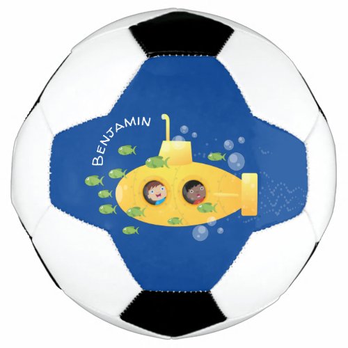 Cute yellow submarine fish cartoon illustration soccer ball