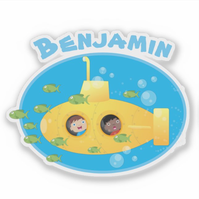 Cute yellow submarine fish cartoon illustration sticker (Front)