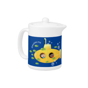 Cute yellow submarine fish cartoon illustration teapot