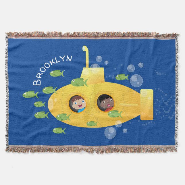 Cute yellow submarine fish cartoon illustration throw blanket (Front)