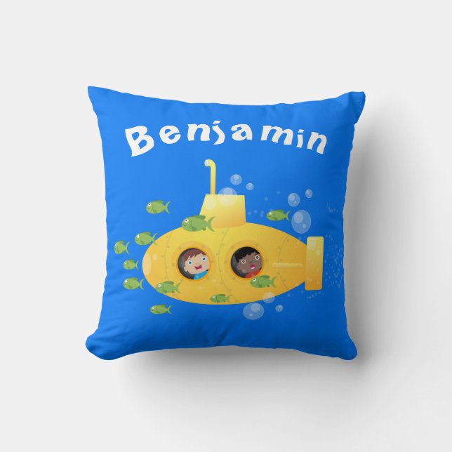 Cute yellow submarine fish cartoon illustration throw pillow (Front)