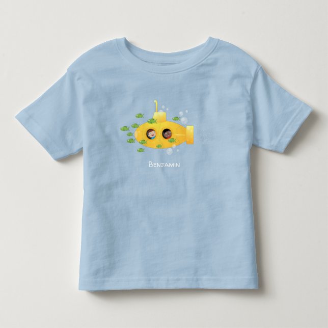 Cute yellow submarine fish cartoon illustration toddler t-shirt (Front)