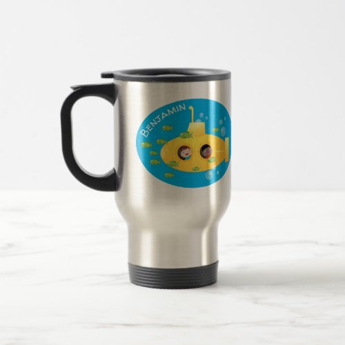 Cute yellow submarine fish cartoon illustration travel mug