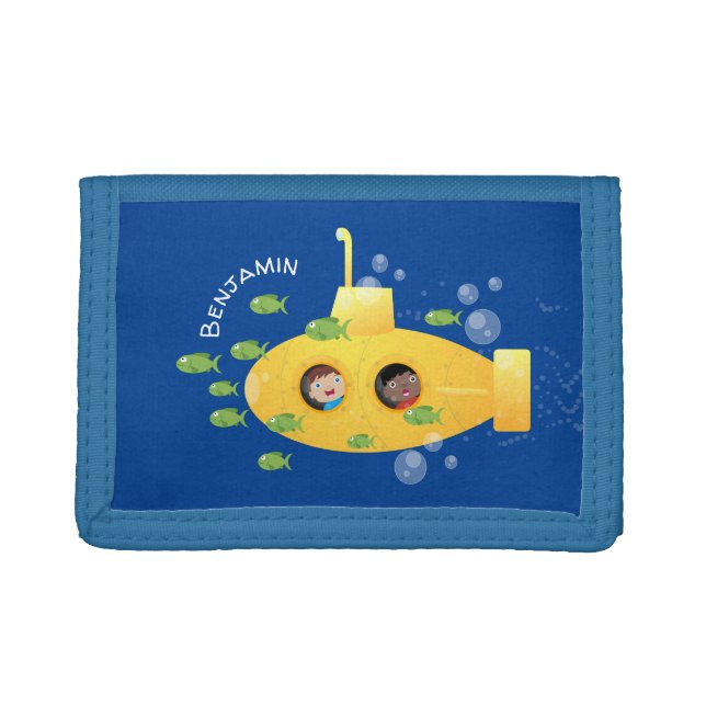 Cute yellow submarine fish cartoon illustration trifold wallet (Front)