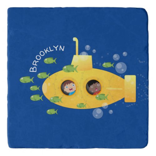 Cute yellow submarine fish cartoon illustration trivet