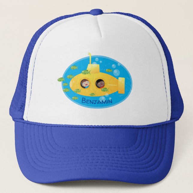 Cute yellow submarine fish cartoon illustration trucker hat (Front)