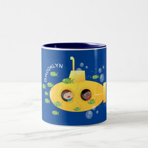 Cute yellow submarine fish cartoon illustration Two_Tone coffee mug