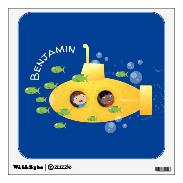 Cute yellow submarine fish cartoon illustration wall decal (Front)