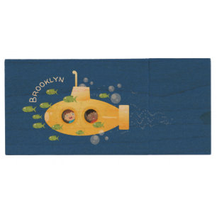 Cute yellow submarine fish cartoon illustration wood flash drive