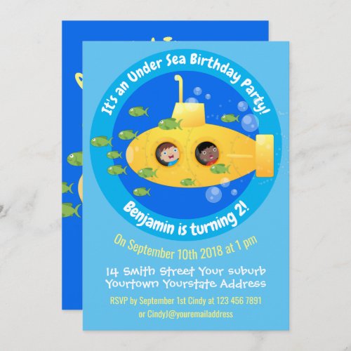 Cute yellow submarine fish cartoon invitation