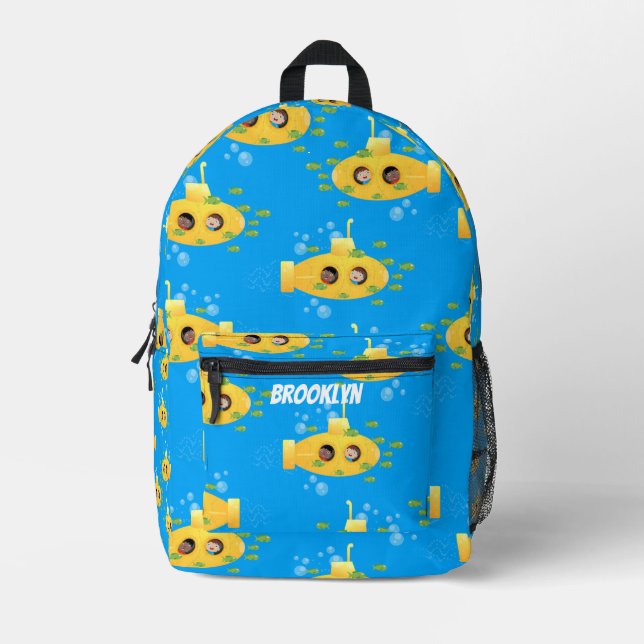 Cute yellow submarine fish cartoon pattern printed backpack (Front)