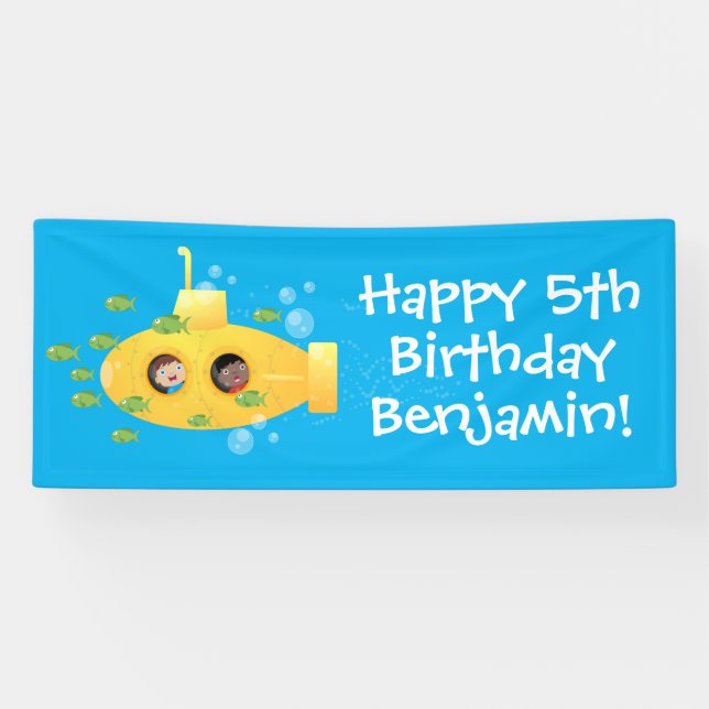 Cute yellow submarine fish cartoon personalized banner (Horizontal)