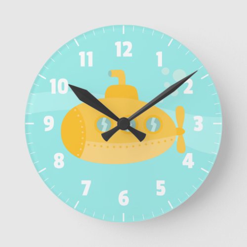 Cute Yellow Submarine For Kids Bedroom Round Clock