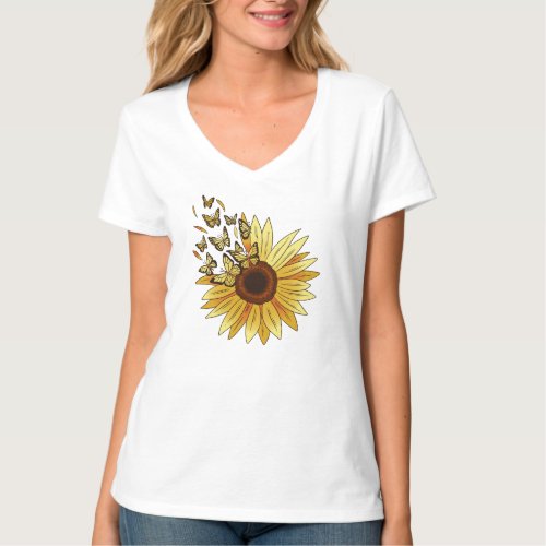 Cute Yellow Sunflower And Butterflies T_Shirt