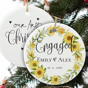Cute Yellow Sunflower Engaged  Our First Christmas Ceramic Ornament