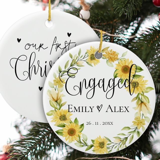 Cute Yellow Sunflower Engaged  Our First Christmas Ceramic Ornament (Cute Yellow Sunflower Engaged Our First Christmas Ceramic Ornament)