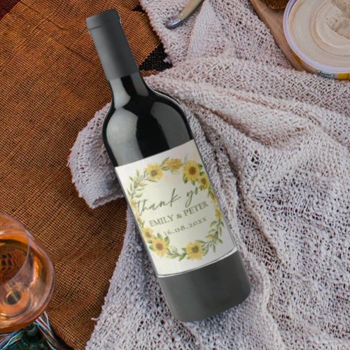 Cute Yellow Sunflower Floral Wedding Thank You Wine Label