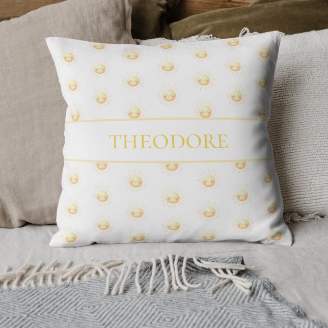 Cute Yellow Sunshine Boho Whimsical Kids Nursery Throw Pillow (Personalized Sun Pillow with Name - Custom Decor, Unique Gift, Sunny Design for Kids and Nurseries

)