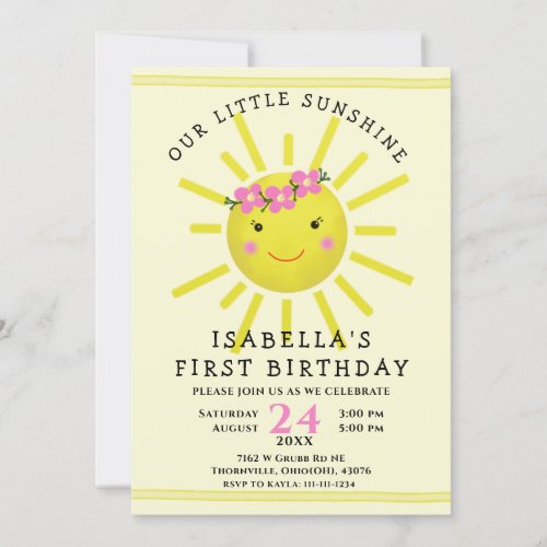 Cute Yellow Sunshine First Birthday Party Invitation