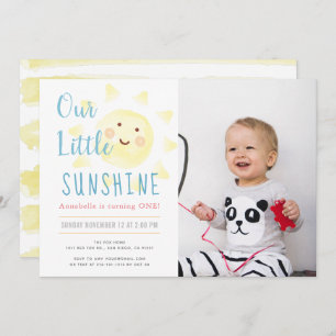 Cute Yellow Sunshine Girl 1st Photo Birthday Party Invitation