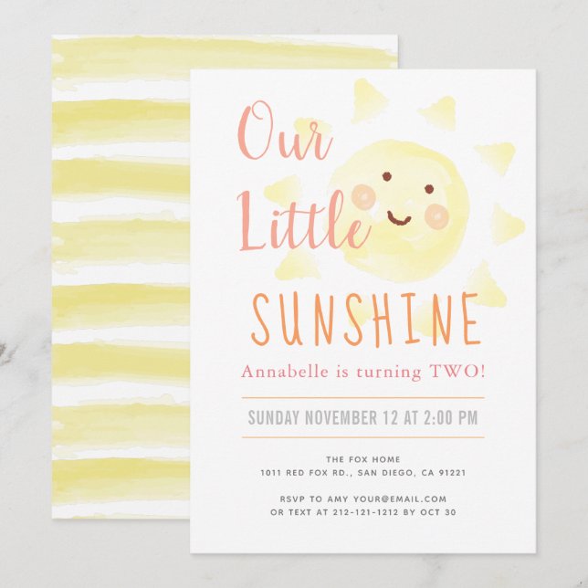 Cute Yellow Sunshine Girl Birthday Party Invitation (Front/Back)