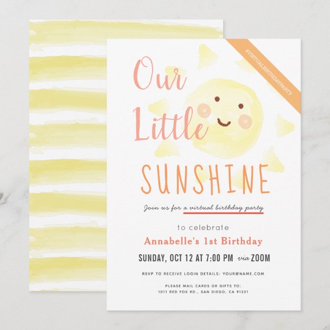 Cute Yellow Sunshine Girl Virtual Birthday Invitation (Front/Back)