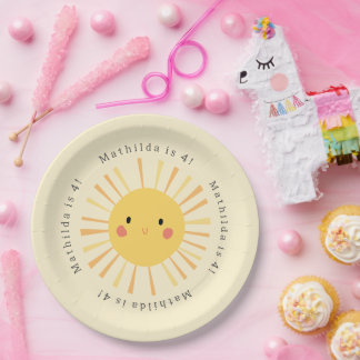 Cute yellow sunshine illustration birthday party paper plates