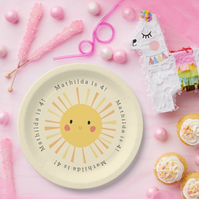Cute yellow sunshine illustration birthday party paper plates (Party)