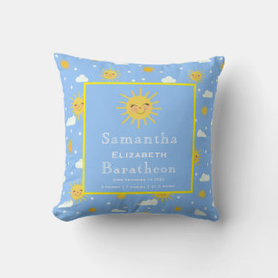 Cute Yellow Sunshine Personalized Baby Birth Stat Throw Pillow