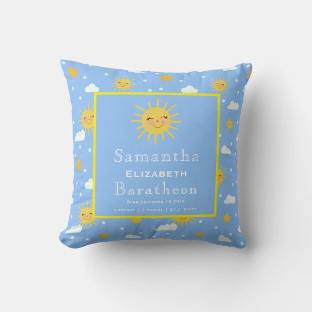 Cute Yellow Sunshine Personalized Baby Birth Stat Throw Pillow (Front)