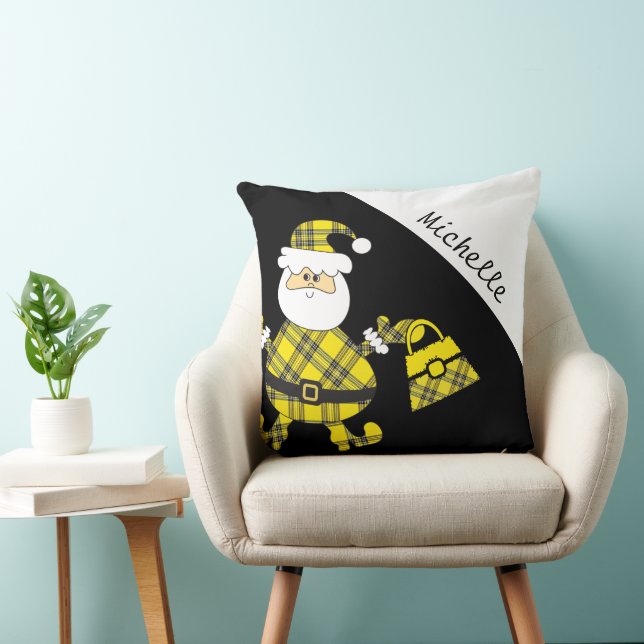 Cute Yellow Tartan Santa With Purse Throw Pillow (Chair)