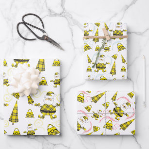 Cute Yellow Tartan Santa With Purse Wrapping Paper Sheets
