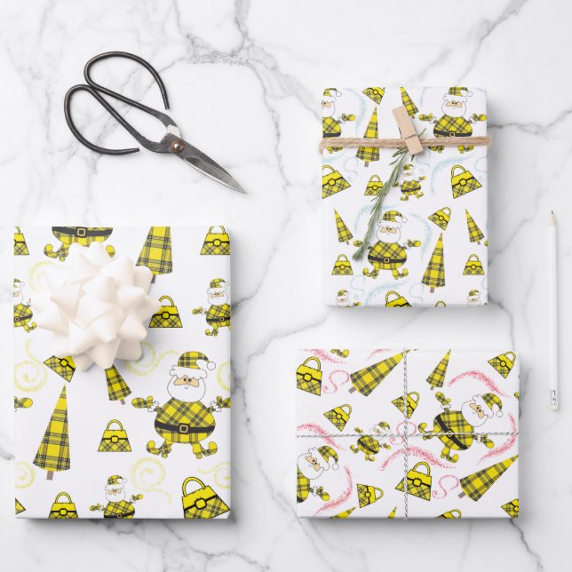 Cute Yellow Tartan Santa With Purse Wrapping Paper Sheets (Front)