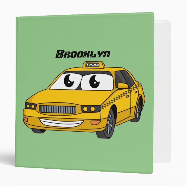 Cute yellow taxi fun cartoon illustration 3 ring binder (Front/Inside)