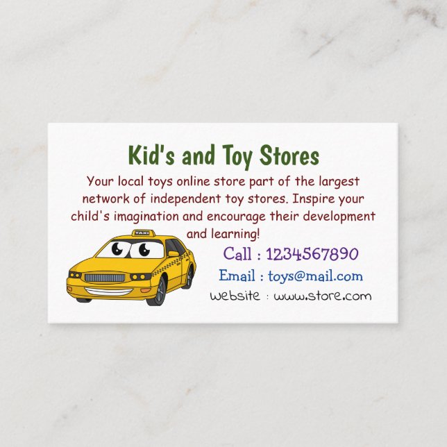 Cute yellow taxi fun cartoon illustration business card (Front)