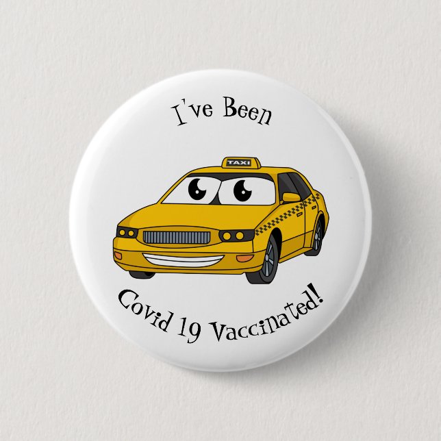 Cute yellow taxi fun cartoon illustration button (Front)