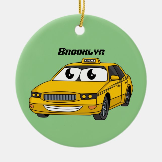 Cute yellow taxi fun cartoon illustration ceramic ornament (Front)