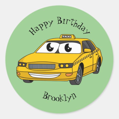 Cute yellow taxi fun cartoon illustration  classic round sticker