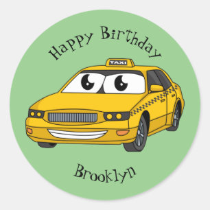 Cute yellow taxi fun cartoon illustration classic round sticker