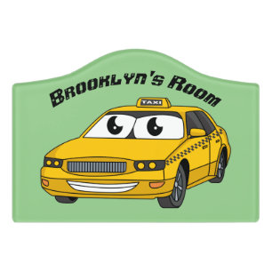 Cute yellow taxi fun cartoon illustration door sign
