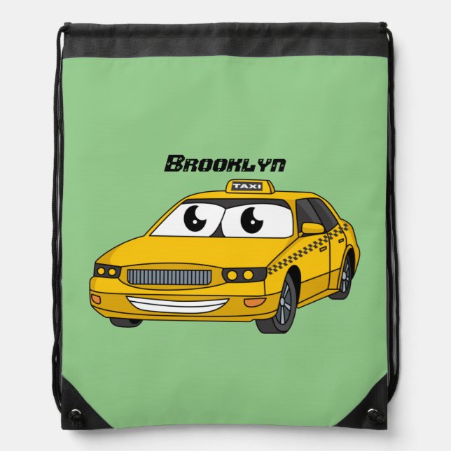 Cute yellow taxi fun cartoon illustration drawstring bag (Front)