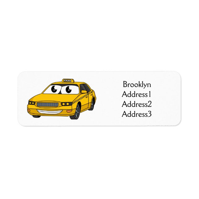 Cute yellow taxi fun cartoon illustration label (Front)