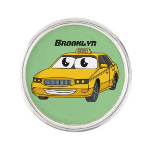 Cute yellow taxi fun cartoon illustration lapel pin
